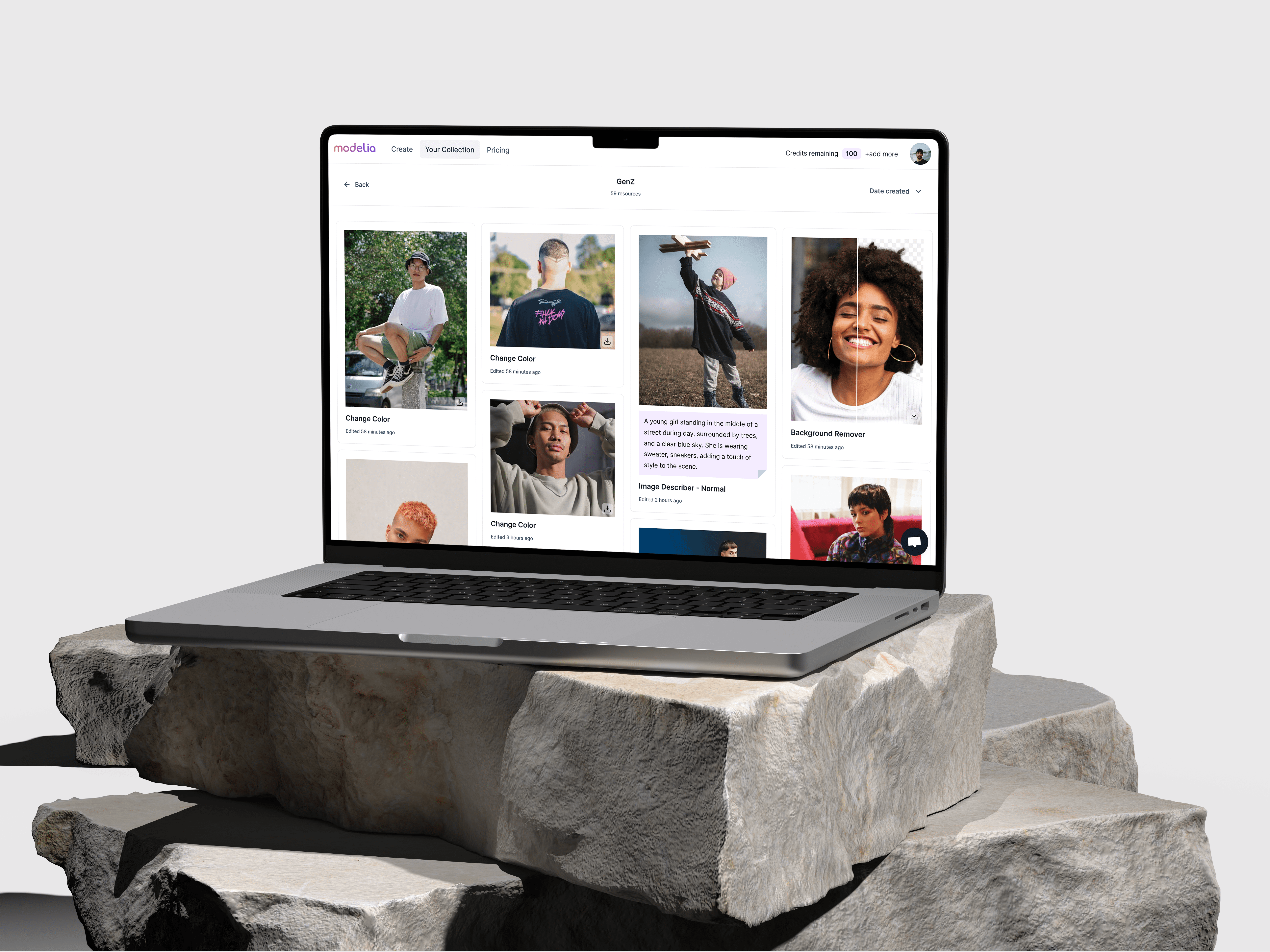 Modelia AI creation gallery across desktop and mobile